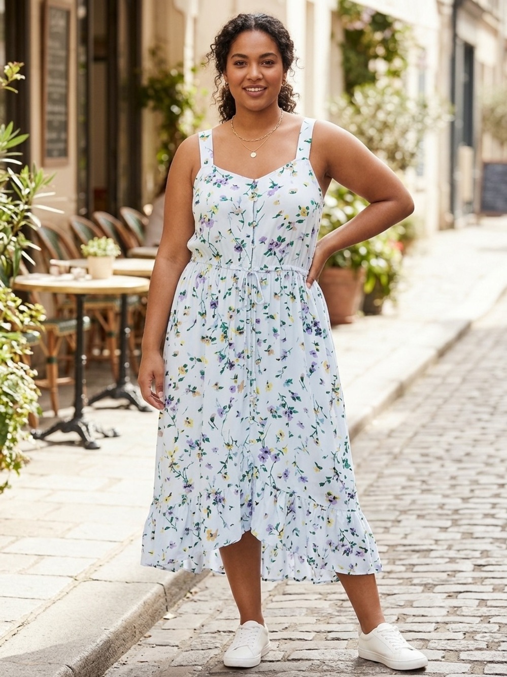 LOFT Light Blue Floral Midi Dress with‎ Ruffle Hem